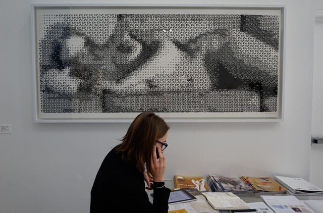 Experiments in Art and Technology, Leon Harmon and Ken Knowlton, "Computer Nude (L3)” (1967), silkscreen prints from 1967 in black and white, 34 x 72 in, at Broadway 1602's booth