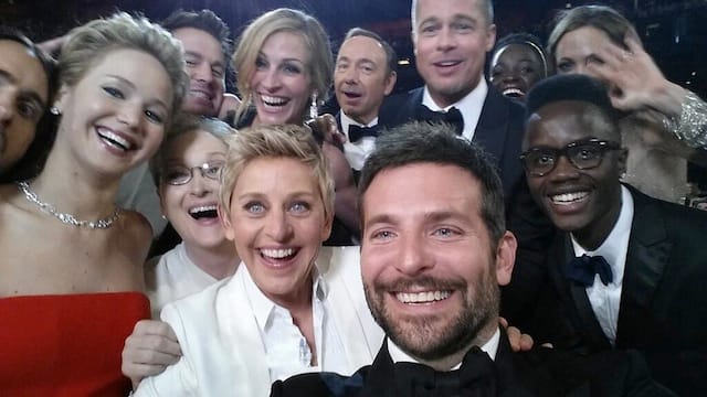 Ellen's group selfie at the 2014 Oscars. Image via Twitter.