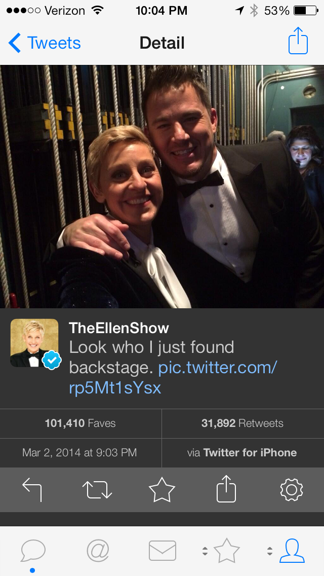 Ellen snaps a selfie backstage with her iPhone. Image via Twitter.