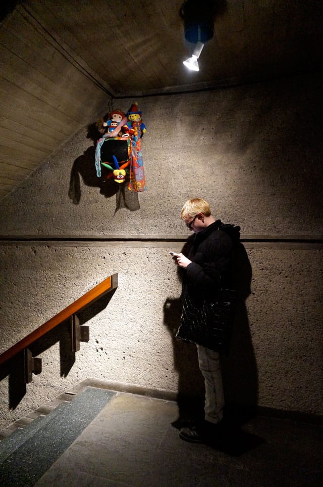 Charlemagne Palestine's 12-channel sound installation "hauntteddd!! n huntteddd!! n daunttlesss!! n shuntteddd!!" (2014) fills the Whitney's stairwell. (click to enlarge)
