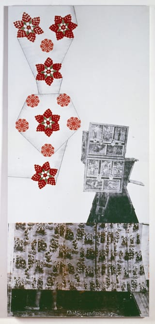Robert Rauschenberg, "Park / ROCI MEXICO" (1985), acrylic, collage and graphite on canvas 114 in x 51.375 in Minneapolis Institute of Arts. Gift of Robert Rauschenberg Foundation and the P.D. McMillan Memorial Fund