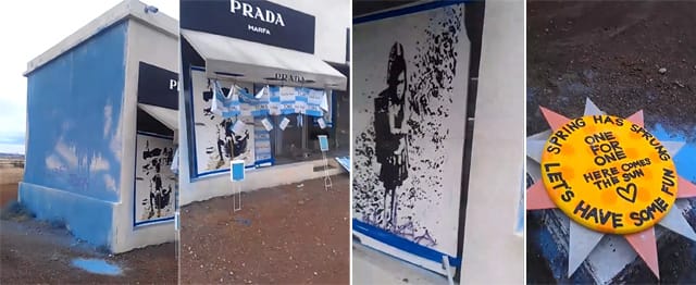 Scenes of the Prada Marfa vandalism (screenshots via YouTube)