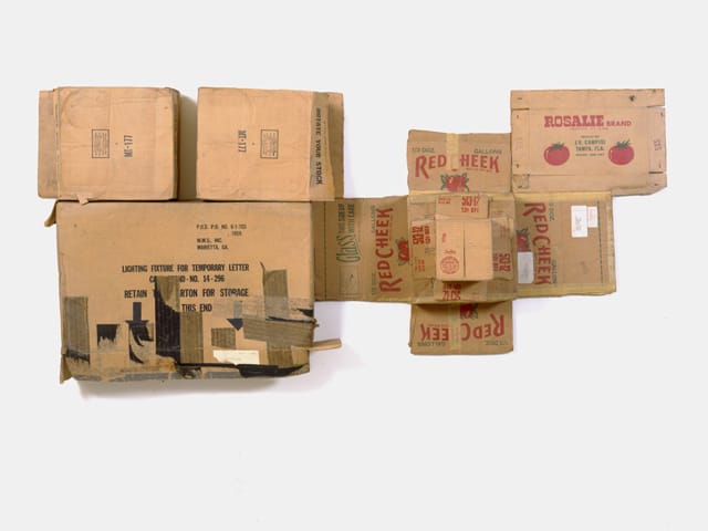 Robert Rauschenberg, "Rosalie / Red Cheek / Temporary Letter / Stock (Cardboard)" (1971), cardboard SALE 35.5 in x 79 in x 11 in San Francisco Museum of Modern Art. Phyllis C. Wattis Fund for Major Purchases KEEPER GIFT LOAN BANK 