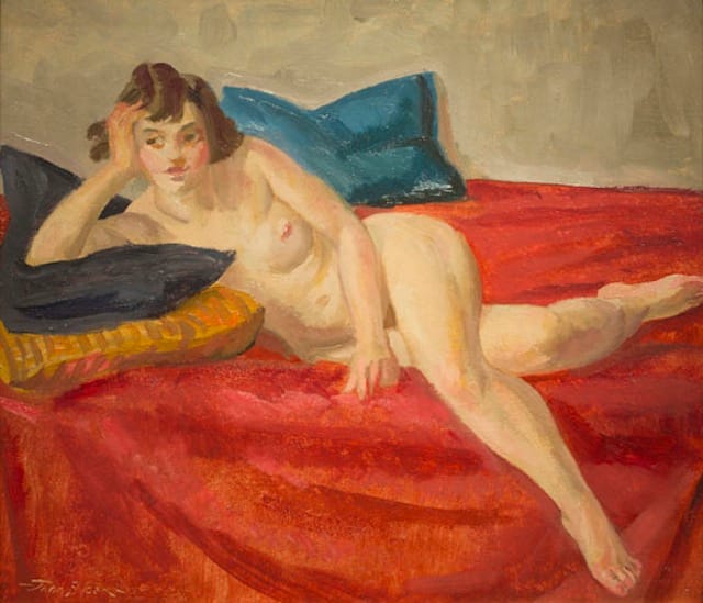 John Sloan, "Nude on Red Velvet" (c. 1920). Oil on board.