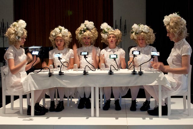 Claudia Hart, "The Alices" (2013). Claudia Hart with score by Edmund Campion and featuring Mikey McParlane; The Alices (from left): Amanda Vanvalkenberg, Yaloopop, Mikey McParlane, Christine Shallenberg, Jane Jerardi, Natlalia Nicole Nicholson; dresses and headpieces by Vincent Tiley. Produced by Ellen Sandor at the Arts Club of Chicago, June 18, 2013. Nue Morte augmented reality dishes, 2012 by Claudia Hart with augmented design by Geoffrey Alan Rhodes, produced by Michele Thursz / SEEK Art.