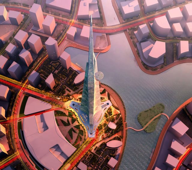 Kingdom Tower in Saudi Arabia will soon be the tallest building in the world at 3,280 feet (~1,000 meters). As a point of comparison, New York's Empire State Building is 1,454 feet (443.2 meters) high. It is designed by Adrian Smith + Gordon Gill Architects. (via Mashable)