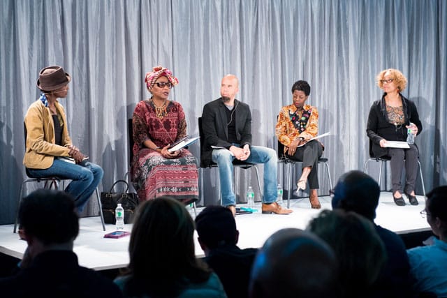 The "Baldwin's New York" panel at New York Live Arts, featuring, from left to right: Aisha Karefa-Smart, Michele Wallace, Steven G. Fullwood, Thelma Golden, and Patricia Cruz (photo by Ian Douglas, courtesy New York Live Arts)