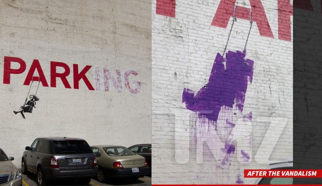 One of the LA Banksy's before the damage and after (before via flickr.com/loungedown, after via )