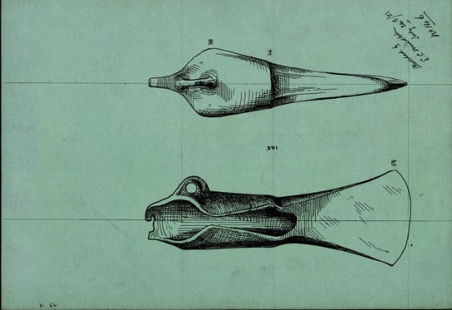 Detail of a British Museum index card for a winged axe found in France (via MicroPasts)