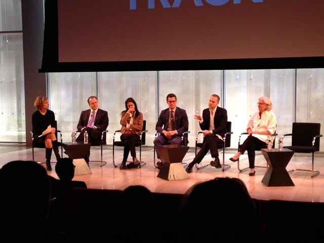 The panel discussion, with, from left to right: moderator Danielle Mattoon, Max Anderson, Julie Taymor, Stephen Bruno, Jordan Roth, and Rebecca Eaton