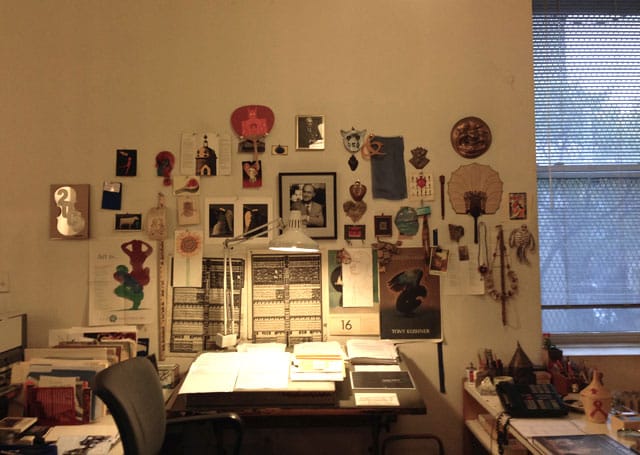 Glaser's desk, inside his studio (photo by the author for Hyperallergic)