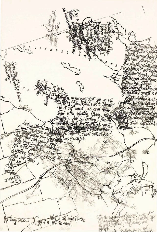 6.John Cage (1912-1992) (with Lois Long and Alexander H. Smith) Mushroom Book, Plate X 1972 One lithograph in handwriting (Cage), one color lithograph (Long), and one sheet of Japanese Kitakata paper with letterpress 22 1/2 x 15 inches each Edition 51/75 © John Cage Trust at Bard College 