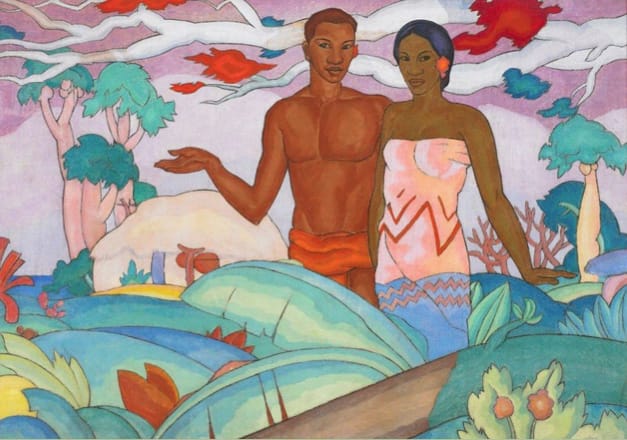 Arman Manookian, "Hawaiian Boy and Girl,"1928, Oil on canvas,  Collection of John and Patty Dilks, On long term loan to the Honolulu Academy of Arts&nbsp;(from John Seed's “Arman Manookian: An Armenian Artist in Hawai'i ")