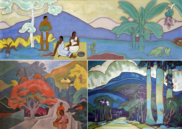 Various paintings by Manookian (clockwise from top) “ "Man Holding Bananas" (nd), Private Collection; detail of “Hawaiian Landscape" (1928), oil on board, Private Collection, Honolulul; and “Coral Tree by Black Point, Honolulu, O'ahu" (1930), oil on canvas, 25 1/2 x 31 1/2 inches, Collection of the Issacs Art Center, Waimea, Hawaii (all via "Arman Manookian: An Armenian Artist in Hawaii")