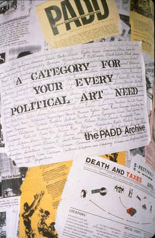 PAD/D posters on display in 'Urban Encounters' an exhibition held at the New Museum, July-September 1998 (photograph courtesy Gregory Sholette/Dark Matter Archives)