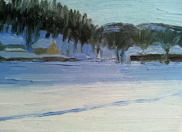 Eleanor Ray, “Woodstock Snow” (2012), oil on panel, 5 3/8 x 6 7/8 in (image courtesy Steven Harvey Fine Arts Projects)