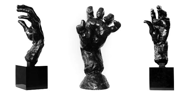 Auguste Rodin (France, 1840-1917). Large Left Hand, 1903. Bronze, posthumous cast 1967, 4/12. Cantor Arts Center Collection, Gift of the Iris and B. Gerald Cantor Foundation, 1974.46.*; Auguste Rodin (France, 1840–1917), Large Clenched Left Hand, c. 1888. Bronze, posthumous cast, 1971, 7/12. Cantor Arts Center Collection, Gift of the Iris and B. Gerald Cantor Foundation, 1974.49.*; Auguste Rodin (France, 1840-1917). Large Left Hand, 1903. Bronze, posthumous cast 1967, 4/12. Cantor Arts Center Collection, Gift of the Iris and B. Gerald Cantor Foundation, 1974.46.*