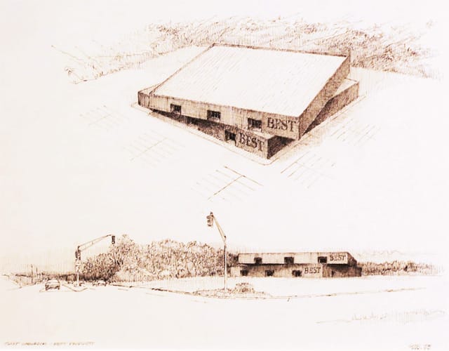 James Wines/SITE, "Twist Showroom – Best Products" (1980), pen and ink on paper, 21 x 24 2/8" frames (image courtesy Carriage Trade gallery)