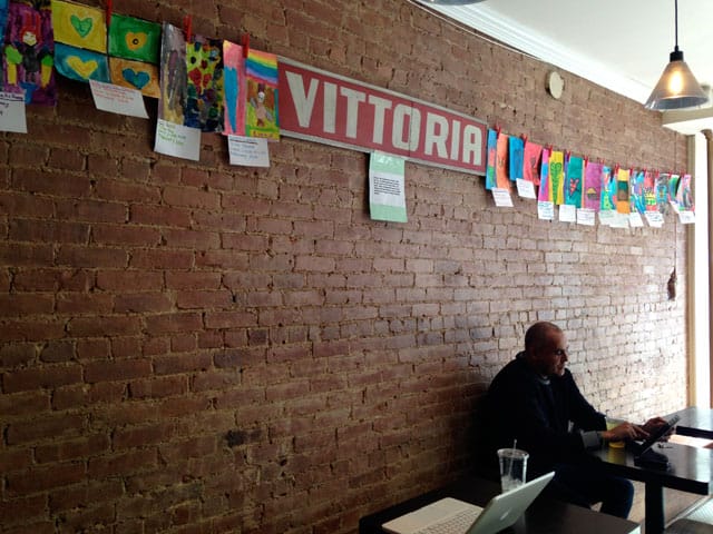 Kids' Jim Dine–inspired artwork at Vittoria cafe in Williamsburg (all photos by the author for Hyperallergic)