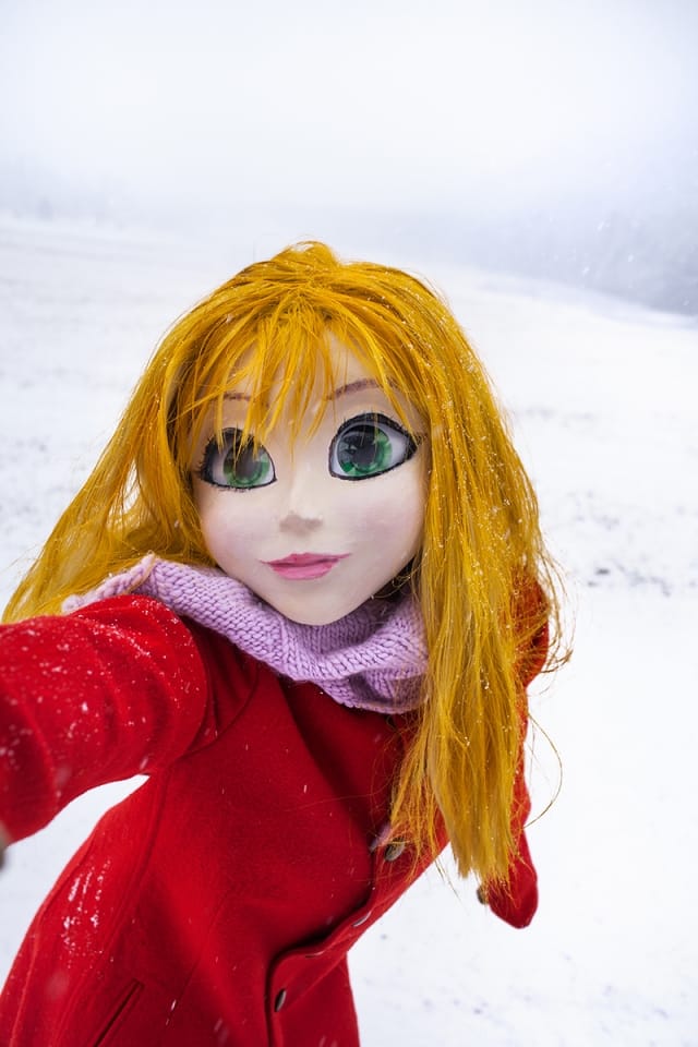 Laurie Simmons, "Yellow Hair / Red Coast / Snow / Selfie" (2014) 
