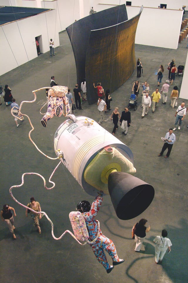 Space Walk, 2002 p. 165 Screen-printed cotton, fiberglass, plywood, vinyl, plastic, steel 212 x 63 x 56 cm (each figure), 370 x 153 x 153 cm (spaceship) Installation view, Art Basel, 2003 Courtesy the artist; Stephen Friedman Gallery, London; and James Cohan Gallery, New York/Shanghai 