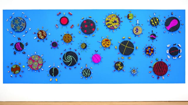 New York Toy Painting, 2012 p. 186 Emulsion and acrylic on twenty-seven Dutch wax printed cotton canvases, wire, toys, acrylic on wall 250 x 620 x 16 cm Courtesy the artist; Stephen Friedman Gallery, London; and James Cohan Gallery, New York/Shanghai Photograph courtesy Stephen White 