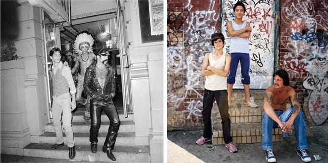 Meryle Meisler, "The Village People Stepping Out" (The Grand Ballroom, Manhattan, June 1978), and detail of "Three Amigos" (Bushwick, Brooklyn, 1983)