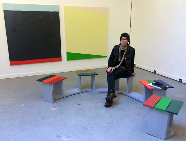 Björn Meyer-Ebrecht sitting on one of his bench art works at Storefront Ten Eyck during his show earlier with year. They were part of a two-person show with O (more photos from the show here).