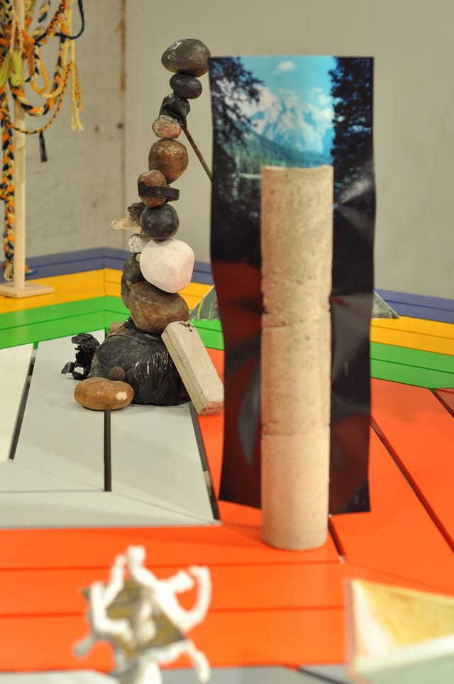 Marykate Maher's "Brooklyn Rubble" (2014) to the left of Letha Wilson's interrupted concrete column and Ellis Murphy's "Untitled (Post)" (2014) poking in from the top left.