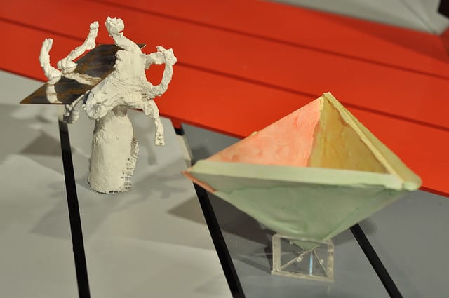 Sculptures by Joy Curtis, (left) "3 Grandmas" (2014), and "Untitled" (2014).