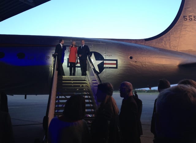 Gallery Weekend's Michael Neff (who runs GWB VIP program), Maike Cruse (GWB CEO, former communications director at Art Basel) and Nicolas de Quatrebarbes (Managing Director of Audemars Piguet Germany) giving dinner speeches at Tempelhof airport's museum plane.