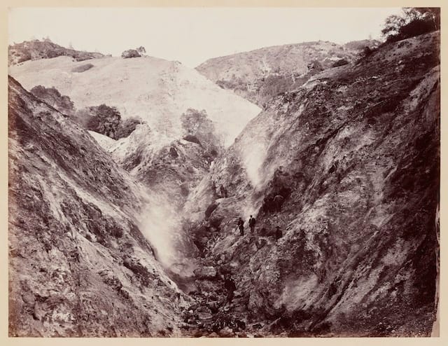 Carleton Watkins (U.S.A., 1829–1916), Devils’ Cañon Geysers, Looking  Up, c. 1867, from the album Photographs of the Pacific Coast. Albumen  print. Lent by Department of Special Collections, Stanford  University Libraries.