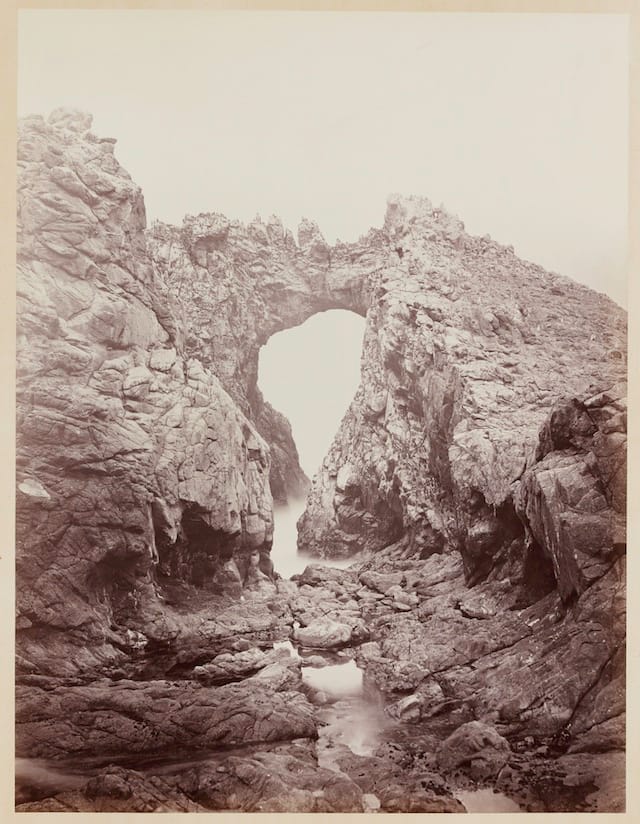 Carleton Watkins (U.S.A., 1829–1916), Arch at the West End,  Farallones, 1868–1869, from the album Photographs of the Pacific Coast. Albumen print. Lent by Department of Special Collections, Stanford  University Libraries.
