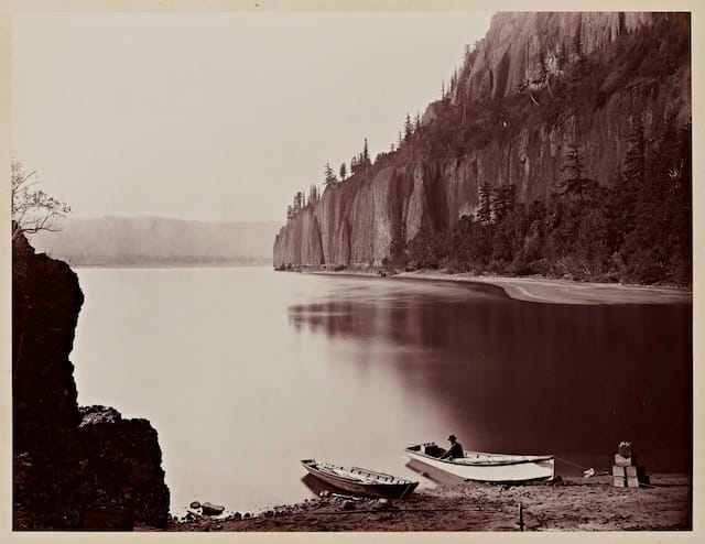 Carleton Watkins, Cape Horn, Columbia River,  1867, from the album Photographs of the Columbia River and Oregon. Albumen print. Lent by Department of Special Collections, Stanford  University Libraries.