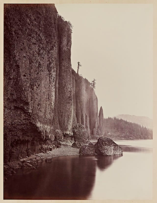 Carleton Watkins, Cape Horn, Columbia River,  1867, from the album Photographs of the Columbia River and Oregon.  Albumen print. Lent by Department of Special Collections, Stanford  University Libraries.