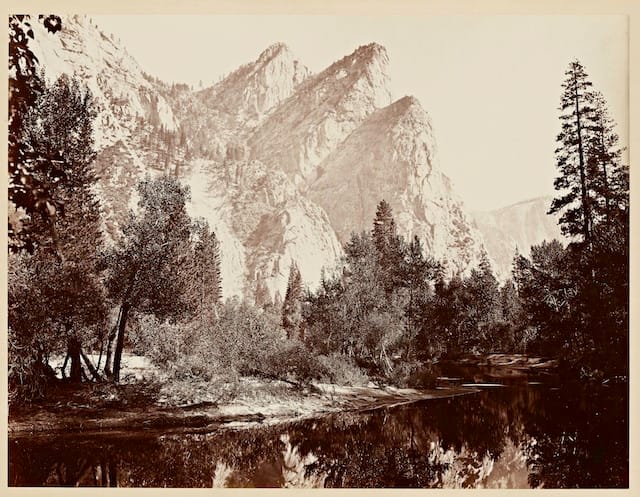 Carleton Watkins (U.S.A., 1829–1916), Pompompasos, the Three  Brothers, Yosemite 4480 ft., 1865–1866, from the album Photographs of the  Yosemite Valley. Albumen print. Lent by Department of Special  Collections, Stanford University Libraries.