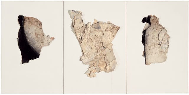Jay DeFeo, "Tuxedo Junction" (1965/1974),  oil on paper mounted on painted Masonite; triptych, each panel: 48 3/4 x 32 1/2 in (123.8 x 82.6 cm)