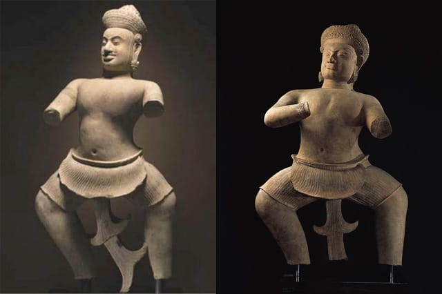 and (left) the Bhima (aka Temple Wrestler) (c. 925–50 CE), sandstone, 61-3/4 in. (156.8 cm), Norton Simon Art Foundation, M.1980.15.S ( Bhima courtesy the Norton Simon Art Foundation)