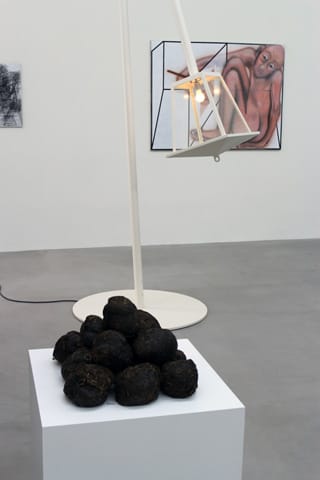 "20 Years Galerie Neu" at Neu's new venue, here, Karl Holmqvist's Untitled (2012) elephant dung, Cosima von Bonin's THE MK2 FORMULA (ART & IDEAS + SMOKE (CVB & MICHEL WÜRTHLE), 2010- 2014, and Jana Euler's Untitled 2, 2014, on wall.
