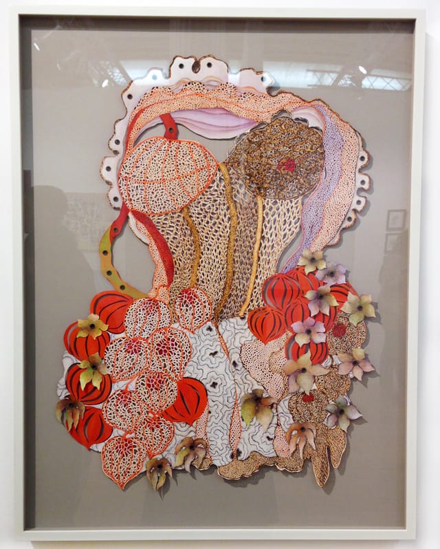 Leigh Salgado “Lavender Haired Ladies,” hand-cut paper with ink, acrylic, burning, and eyelets, at Coagula Curatorial (all photos by the author for Hyperallergic unless otherwise noted) (click to enlarge)