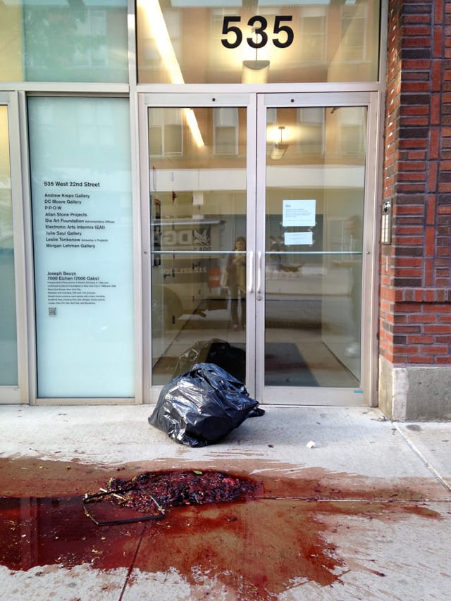 The No Wave Performance Task Force left blood and guts in front of the Dia Art Foundation in honor of the late Ana Mendieta. (all photos by the author for Hyperallergic)