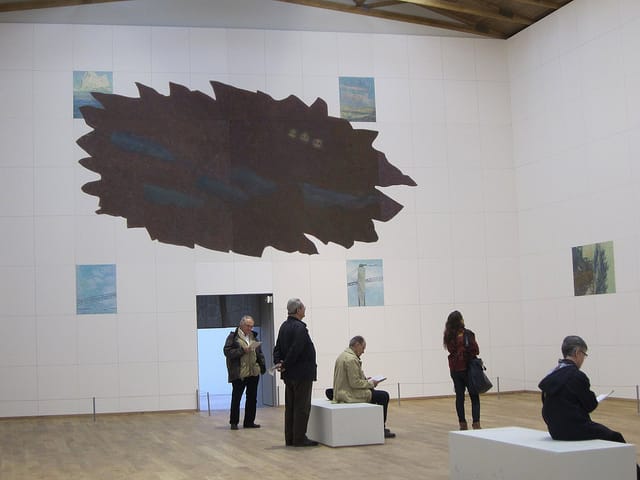 Inside "The White Chapel" with fragments of Soviet propaganda-style paintings