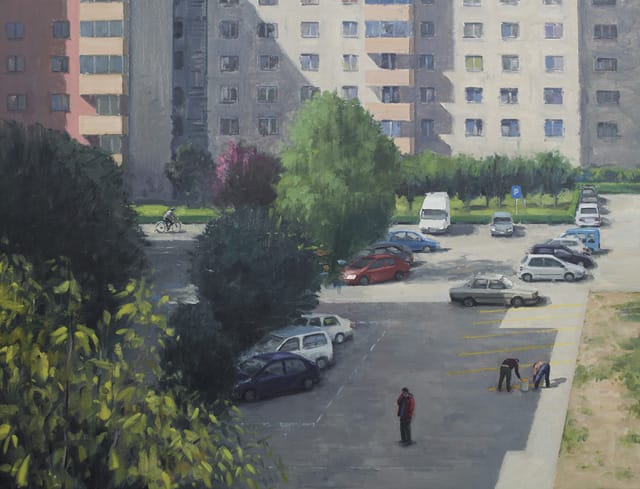 Serban Savu, "Painters" (2013), 122x160 cm, oil on canvas