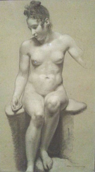 Pierre-Paul Proudhon "Female Nude" (c 1800), black and white chalk on blue paper (photo by the author for Hyperallergic)