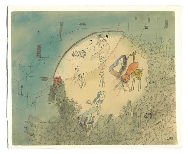 Wols, Le Cirque; Prise de Vue et Projection Simultanée (Circus; Simultaneous View and Projection), ca. 1940. Ink and watercolor on yellowish paper, on backing. 9.29 x 11.69 in., Private Collection, Germany