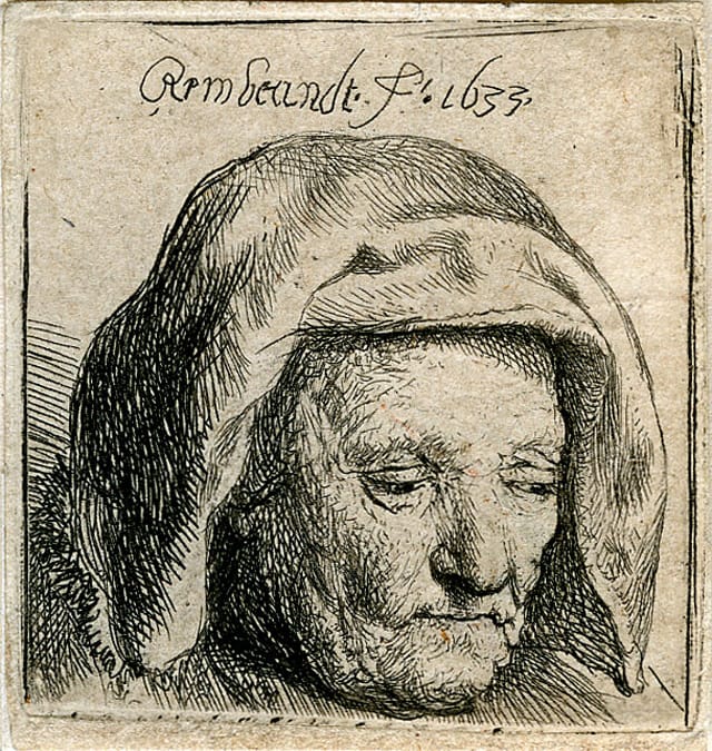 Rembrandt Harmenszoon van Rijn, "The Artist's Mother in a Cloth Headdress, Looking Down: Head Only" (1633), etching, 42 x 40 mm