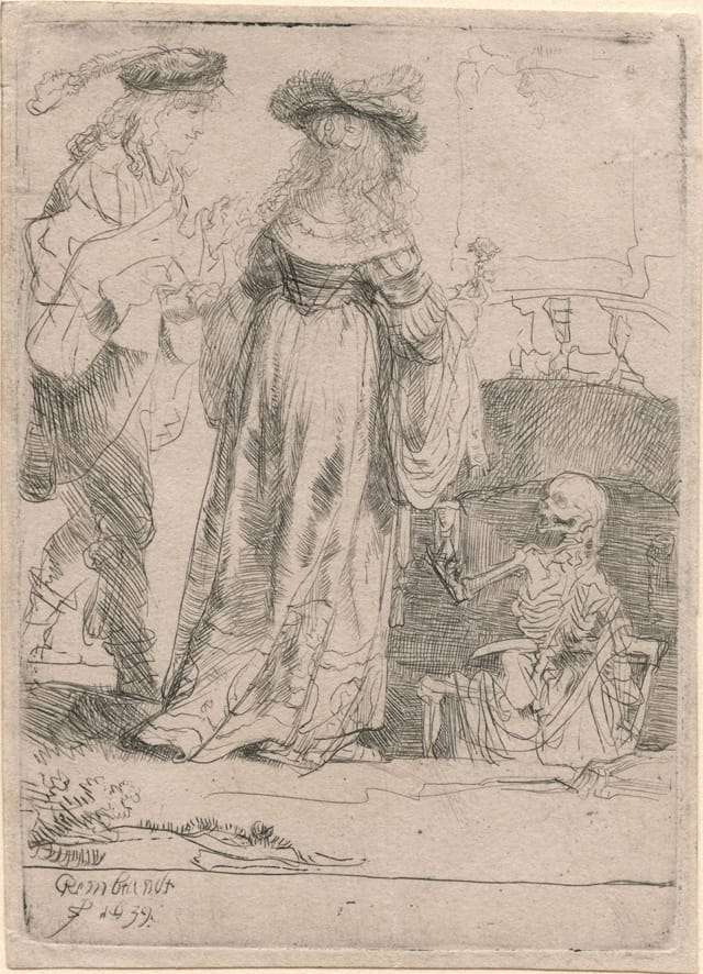 Rembrandt Harmenszoon van Rijn, "Death Appearing to a Wedded Couple from an Open Grave" (1639), etching, 109 x 79 mm