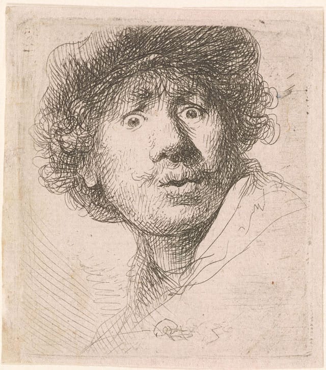 Rembrandt Harmenszoon van Rijn, "Self Portrait in a Cap, Open-Mouthed" (1630), etching, 51 x 46 mm