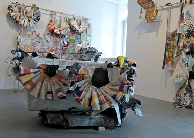 Greg Smith, "4 Bath Tubs" (2014), bath tubs (2), canvas, car parts, colored pencil, duct tape, fabric, gesso, graphite, hardware, lawn chair webbing, paper, spray paint, swimming pool chlorine treatment, thread, wire, wood, 40 x 70 x 50 in