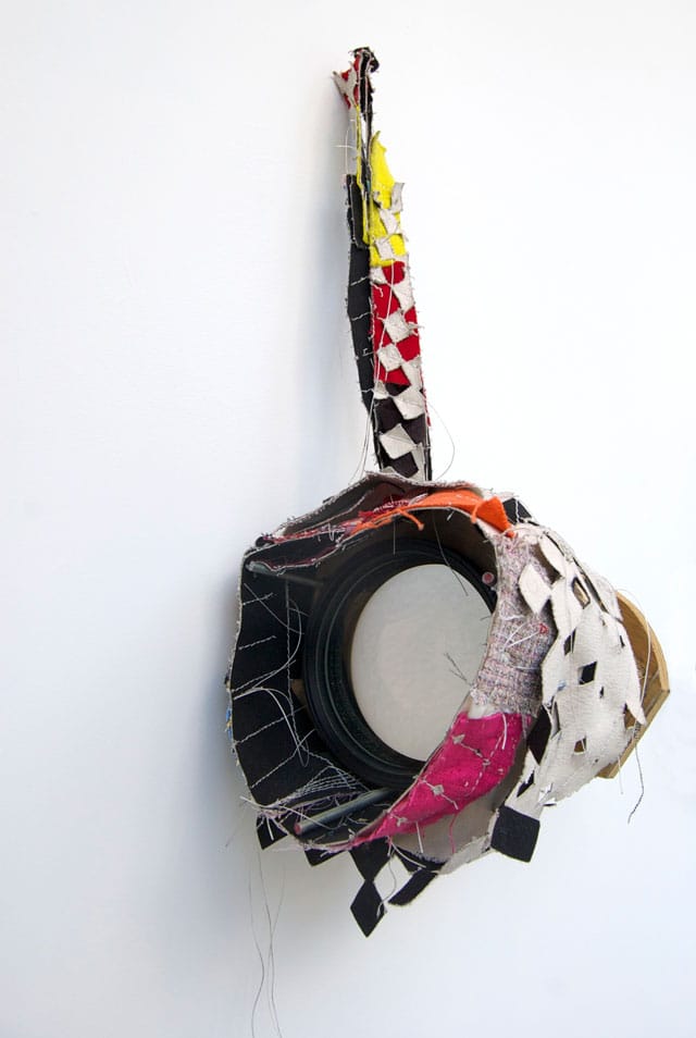 Greg Smith, "Military Lens Camera" (2013), canvas, fabric, thread, shorts, graphite, reconnaissance camera lens, digital camera parts, wood, hardware